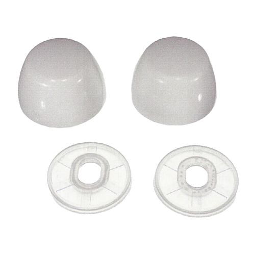 Set of two white round plastic caps with transparent washers for covering toilet bolts in home improvement projects