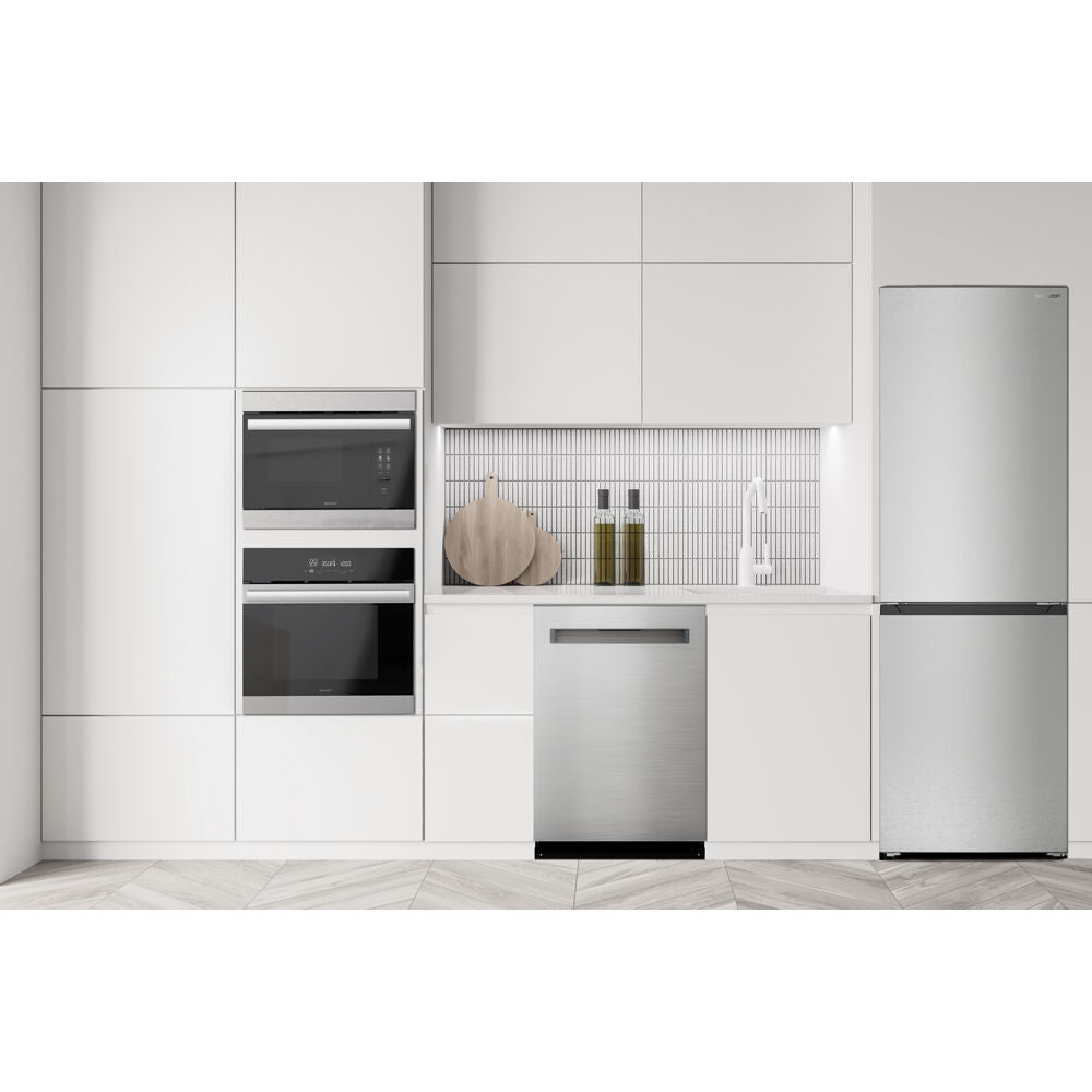 Modern kitchen with built-in stainless steel steam and convection wall ovens, dishwasher, and refrigerator in white cabinetry