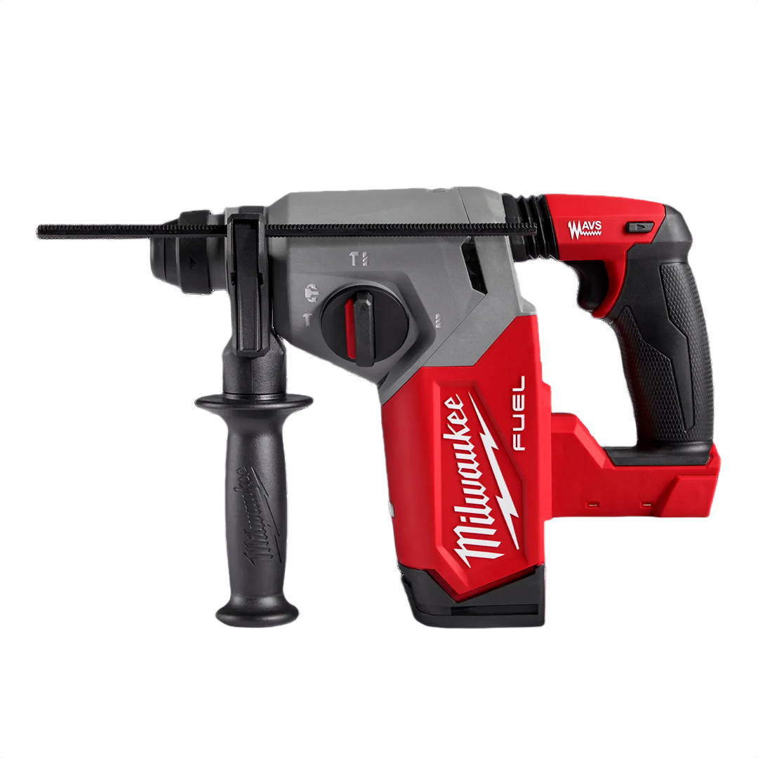 Red and gray Milwaukee cordless rotary hammer drill with side handle for heavy-duty drilling in power tools collections