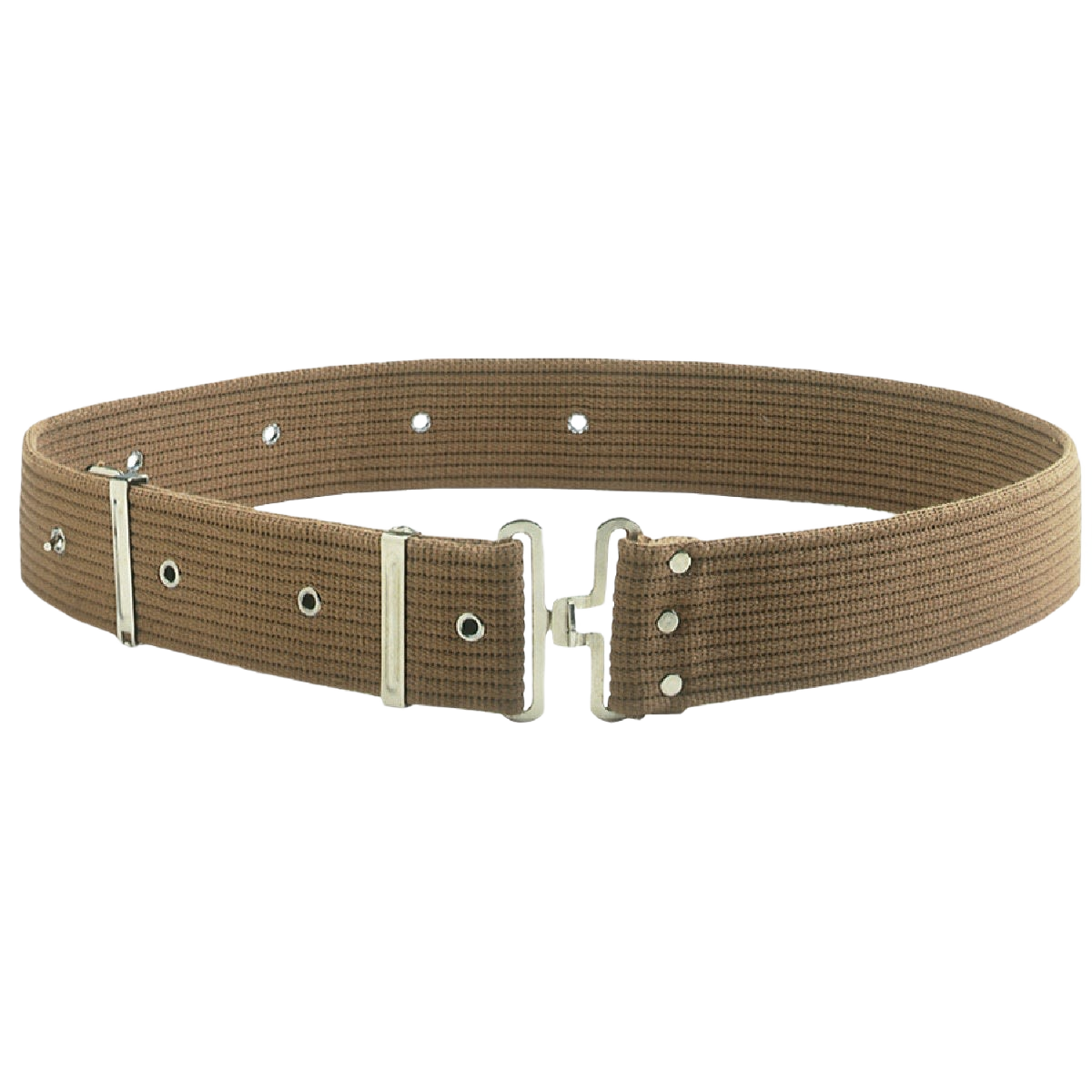 Heavy-duty brown woven web belt with metal buckle and reinforced rivets for durable tools and home improvement use