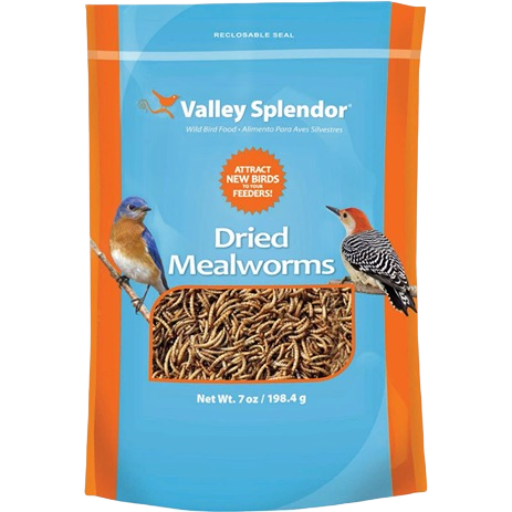 Brightly colored resealable bag of dried mealworms featuring wild birds and clear window showing contents