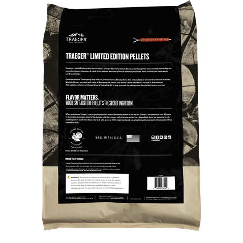 Bag of limited edition hardwood pellets blend with oak, hickory, and maple flavors for enhanced smoking and grilling results