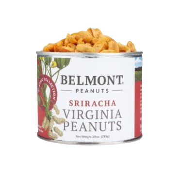 Can of Belmont Sriracha Virginia Peanuts with spicy reddish nuts, part of Chips & Snacks and Food & Beverage collections