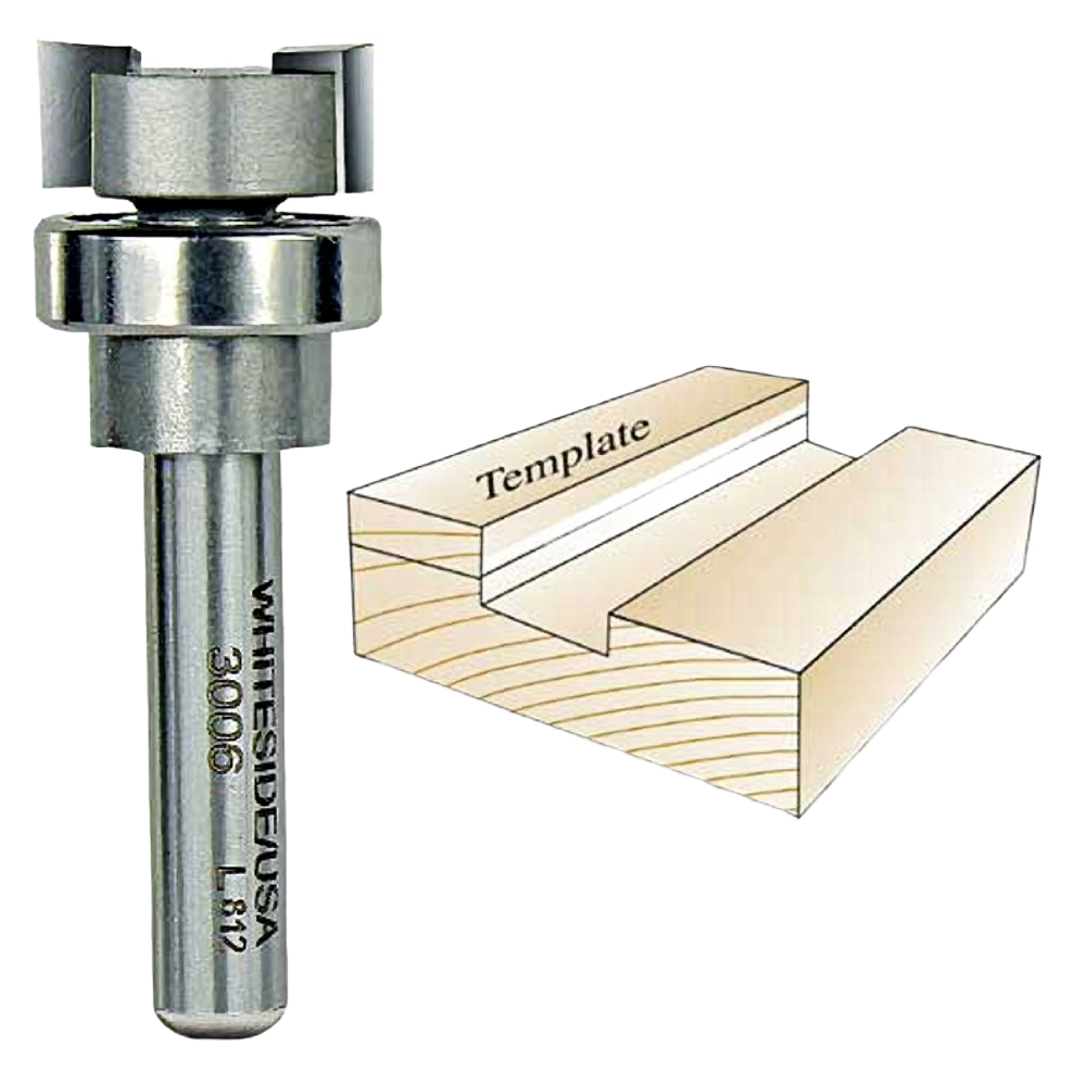 Carbide-tipped dado clean out bit next to wood template cut for tool accessories and home improvement collections