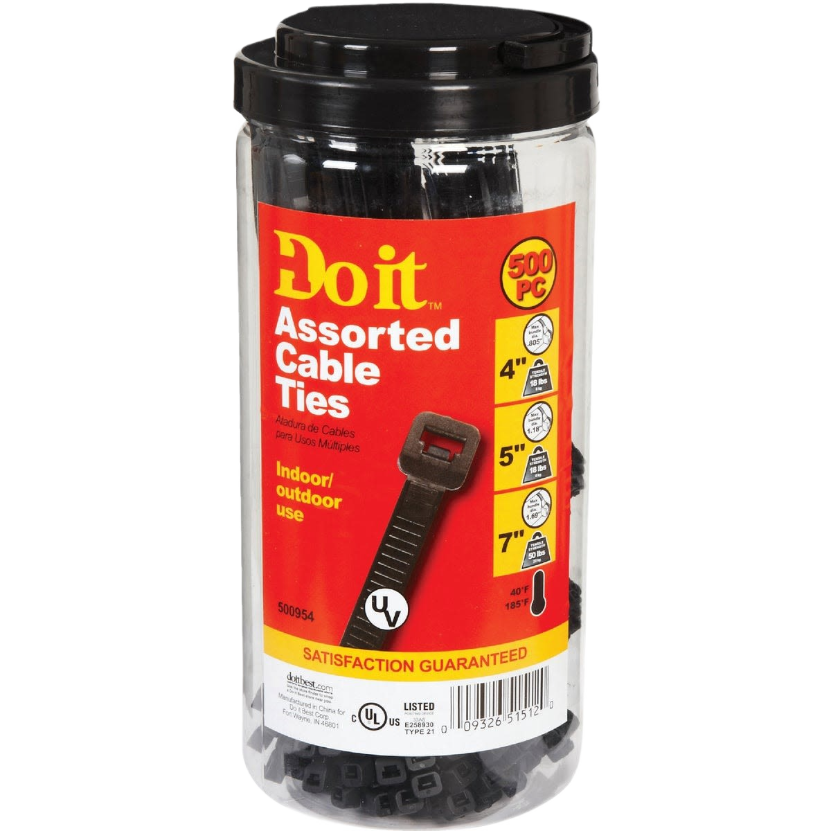 Clear plastic container with black weather resistant cable ties in assorted lengths for electrical and home improvement use