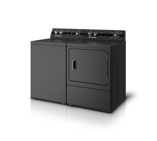 Side view of black top load washer and matching front load dryer set for home laundry appliances collection