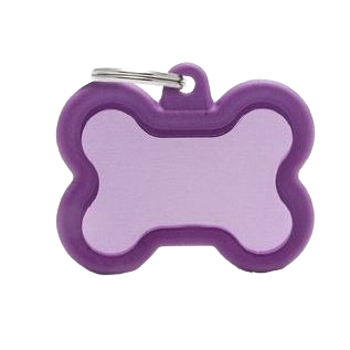 Purple bone-shaped pet ID tag with metal attachment ring for pet identification and home improvement accessories