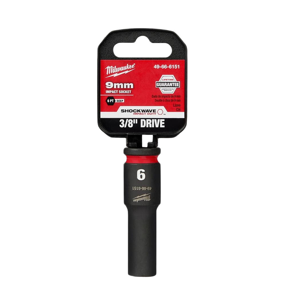 3/8" drive 9mm deep 6-point impact socket in black with red accents for hand tools and home improvement use