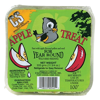 Square block of suet with apple flavoring and bird graphic, packaged for year-round wild bird feeding