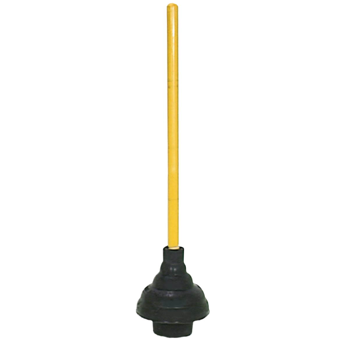 Toilet plunger with yellow handle and tapered black rubber cup for plumbing and home improvement tools collection
