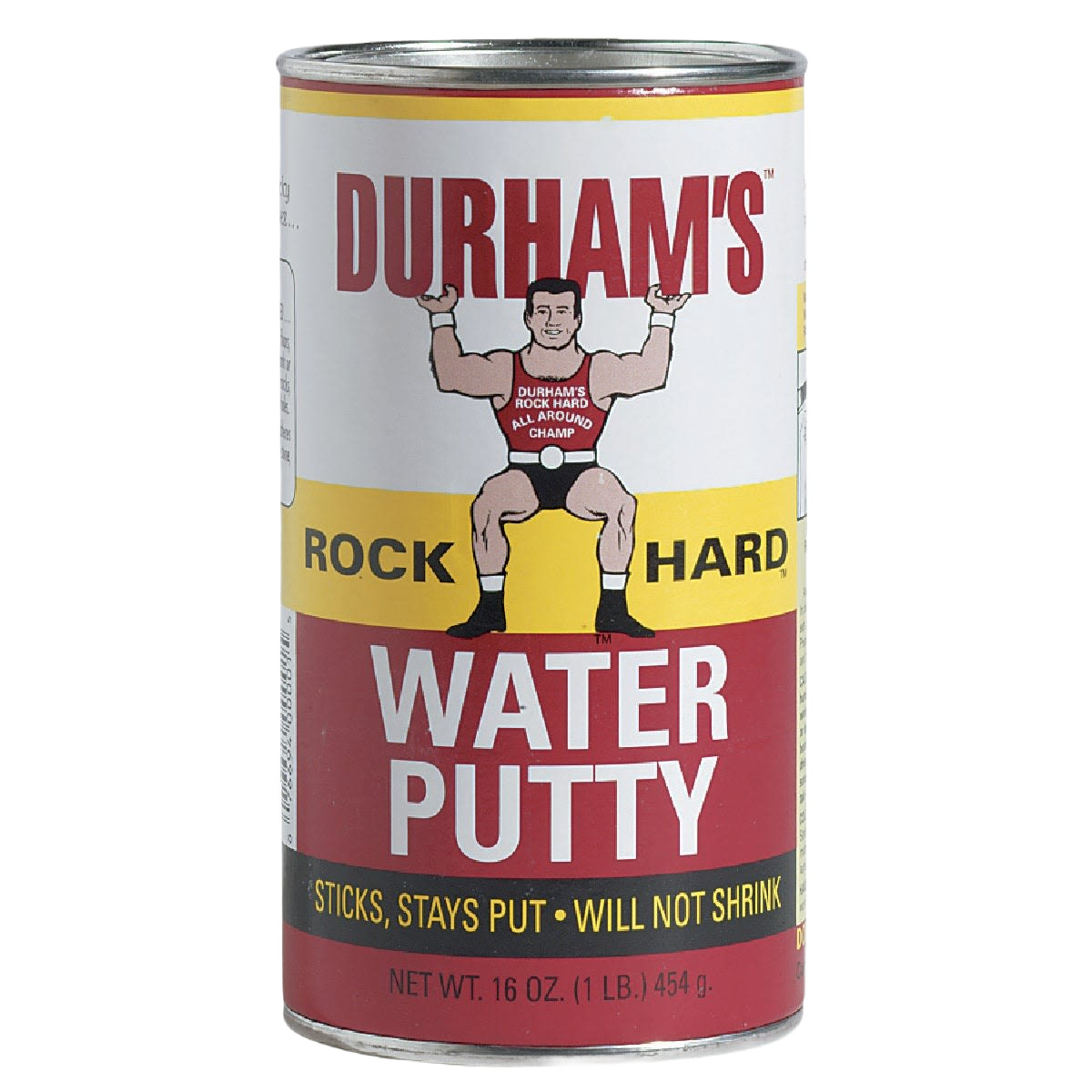 Durham's water putty powder in a 1 lb. metal container for durable home improvement and repair projects