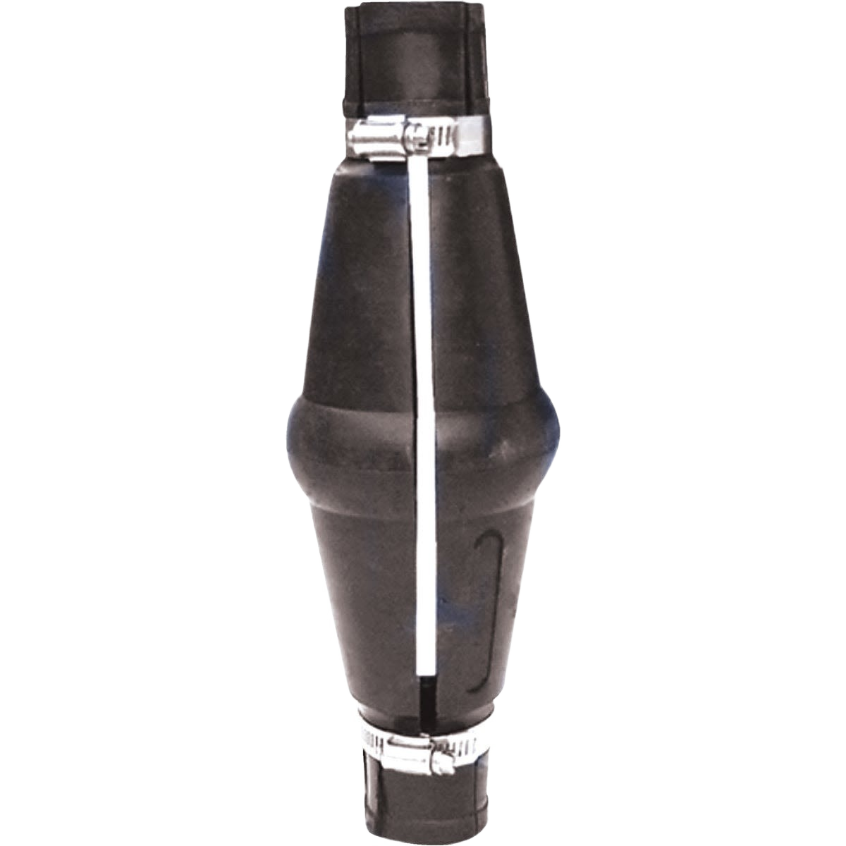 Black rubber torque arrestor with metal clamps designed for tools and home improvement applications