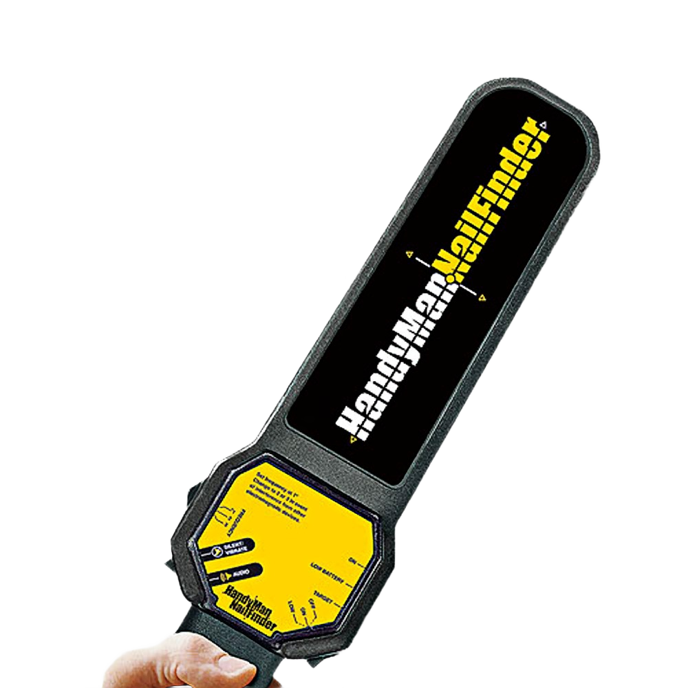 Handheld yellow and black metal detector tool designed for locating nails in walls for home improvement use