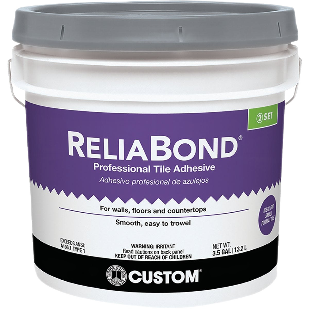 Bucket of smooth, easy-to-trowel tile adhesive for walls, floors, and countertops in flooring and adhesive tools collections