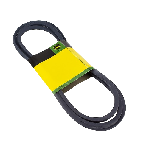 Black rubber V-belt with green and yellow John Deere branded packaging for powertrain and home improvement tools
