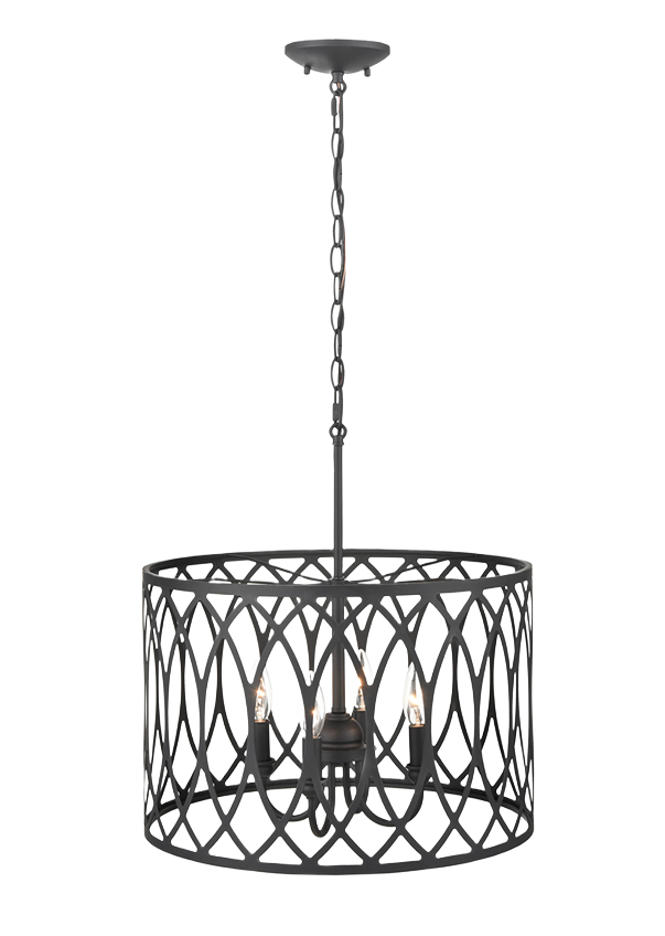 Four-light pendant fixture with matte black finish and decorative geometric cage for pendant lighting collections