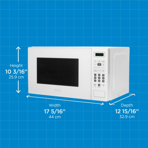 White compact countertop microwave with digital keypad and display, showing dimensions against blue grid background