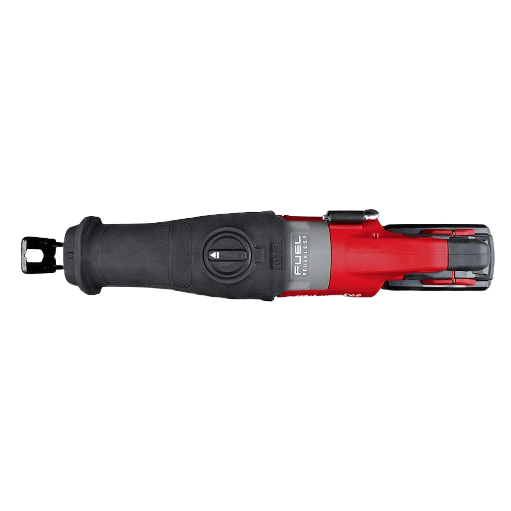 Compact Milwaukee M18 FUEL reciprocating saw with red and black body for woodworking and power tool applications