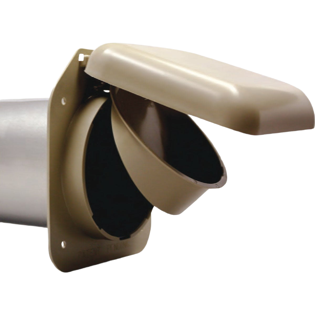 Tan plastic dryer vent hood with aluminum tube for ventilation in appliance parts and home improvement tools.