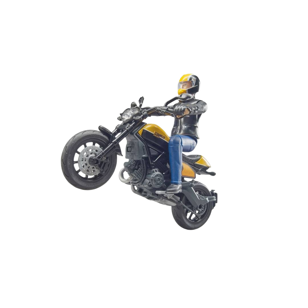 Yellow and black scrambler motorcycle toy with detailed engine and rider figure wearing helmet and casual jacket