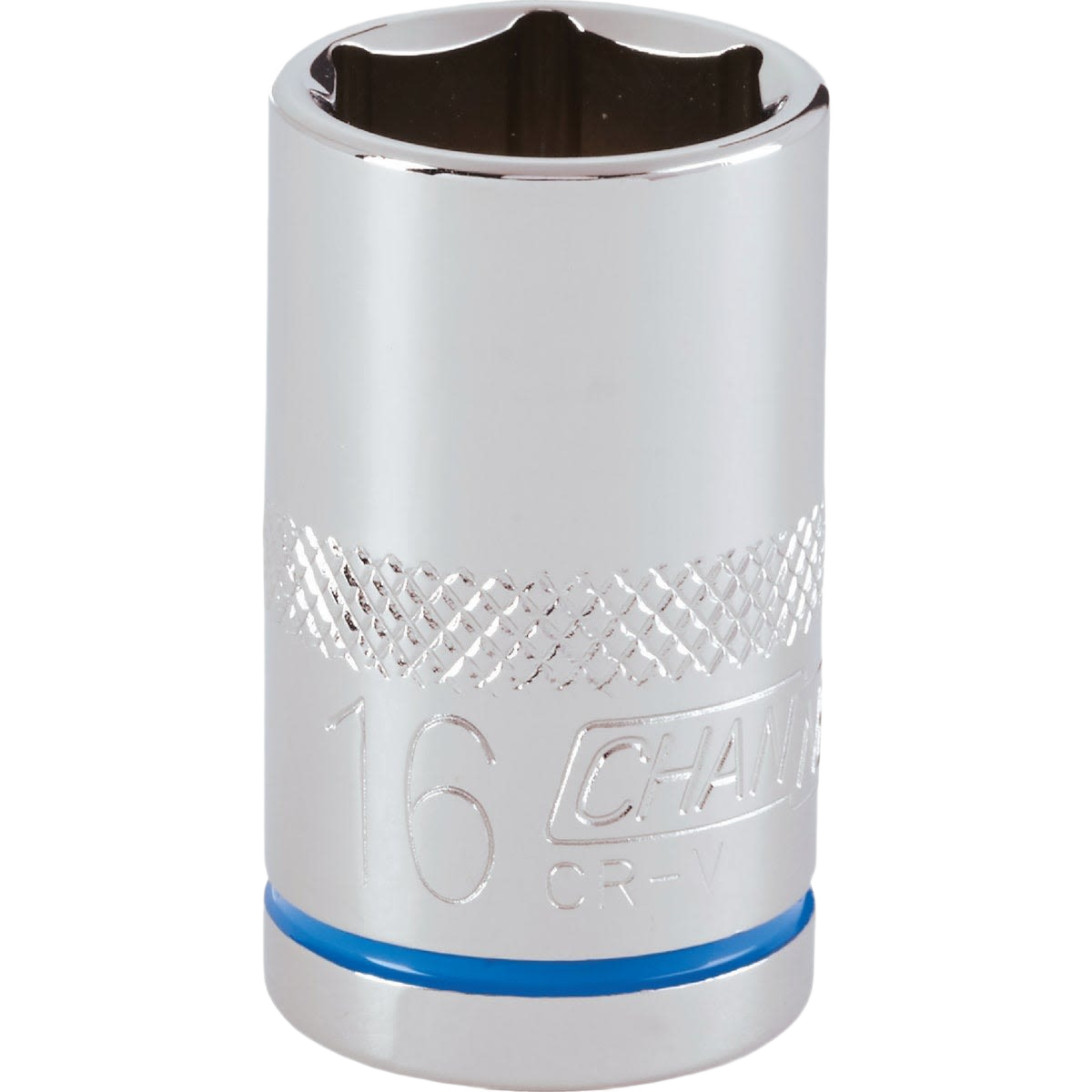 Chrome finish 16mm 6-point shallow socket with textured grip and color band for easy size identification in hand tools collection
