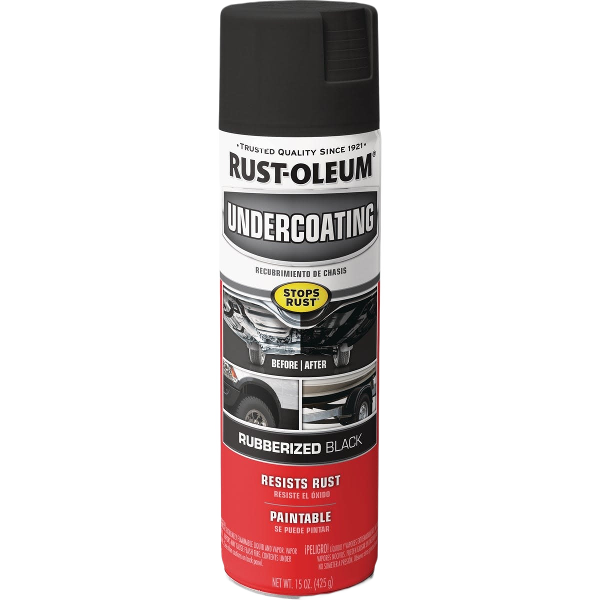 Black rubberized spray undercoating designed to resist rust and protect vehicle surfaces in home improvement use