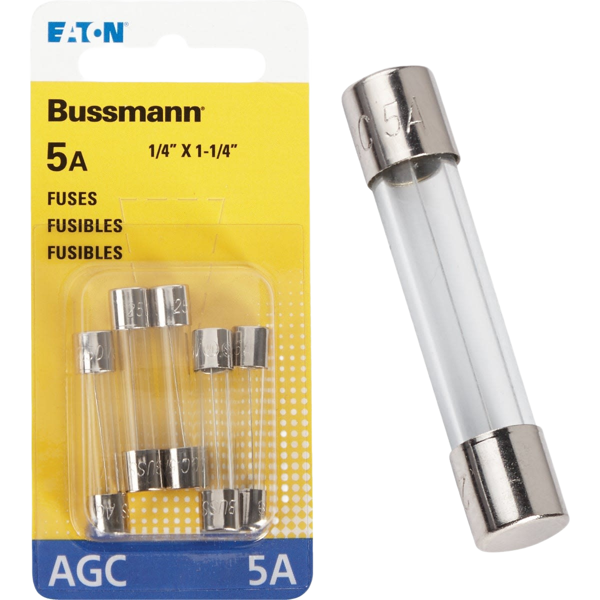 Set of five 5 amp glass tube automotive fuses with metal end caps for tools and home improvement use
