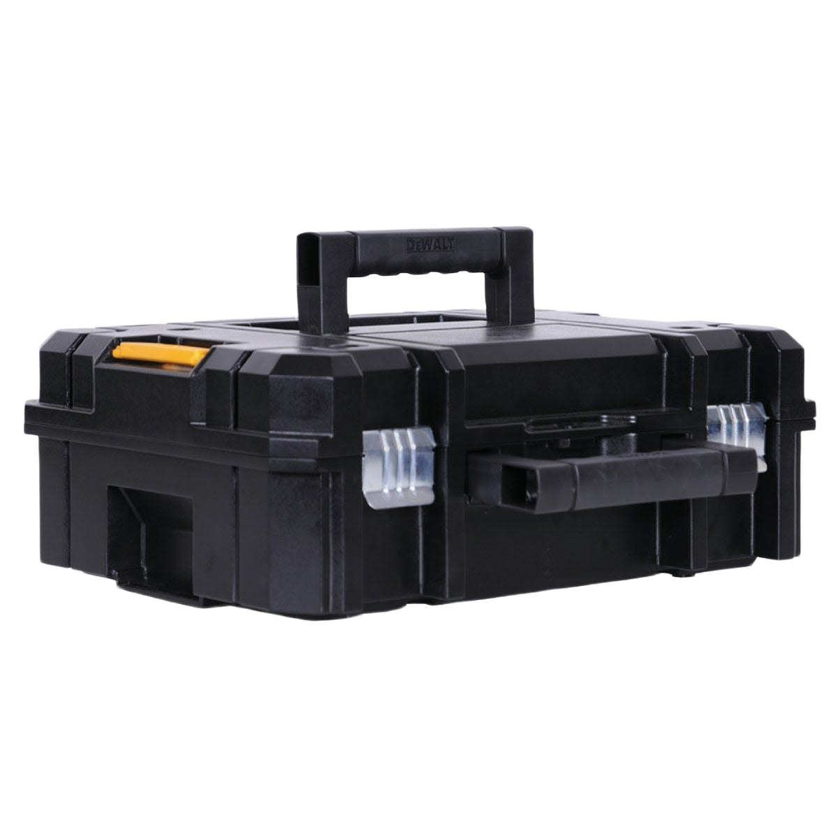 Compact black DEWALT stackable tool storage case with sturdy handles for jobsite and workshop organization