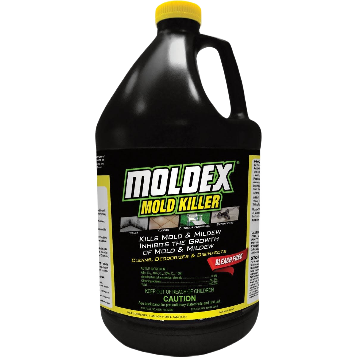 Black gallon jug of Moldex mold killer with yellow cap for cleaning supplies and mold removal under $50 collection