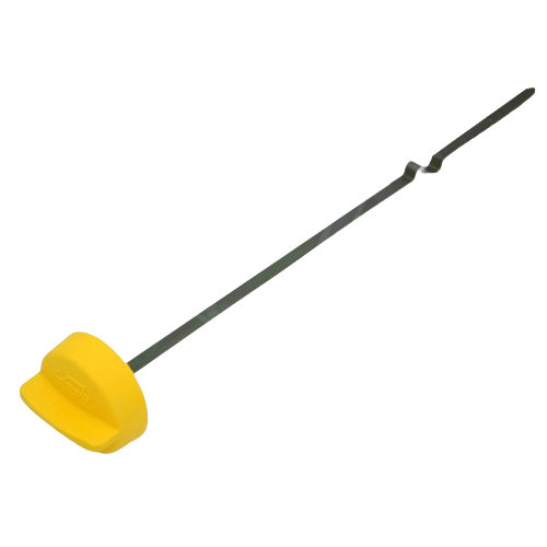 Metal dipstick with bright yellow handle for measuring fluid levels in tools and home improvement equipment