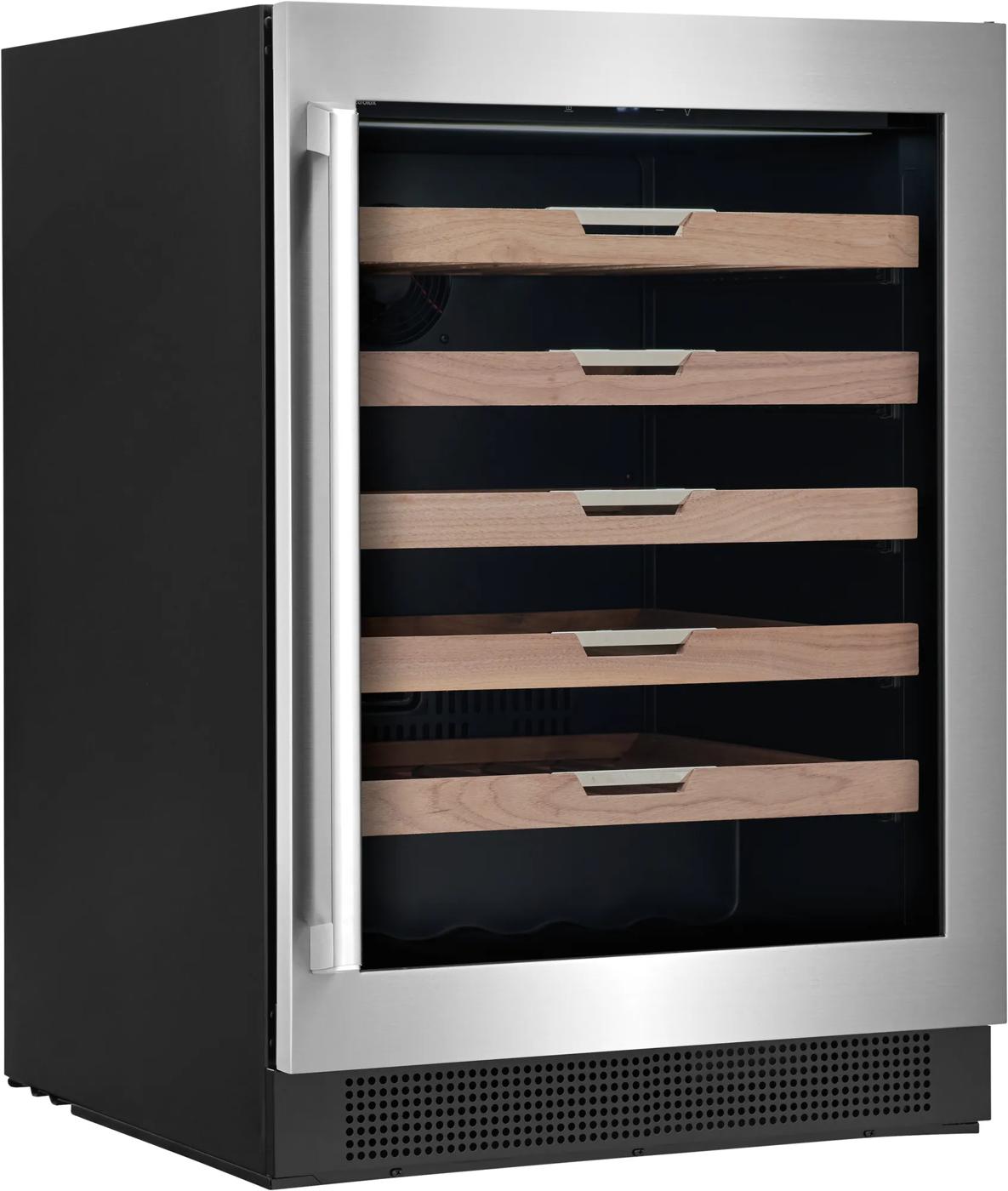 Under-counter beverage cooler with stainless steel door, five wooden shelves, and black cabinet in mini refrigerators collection
