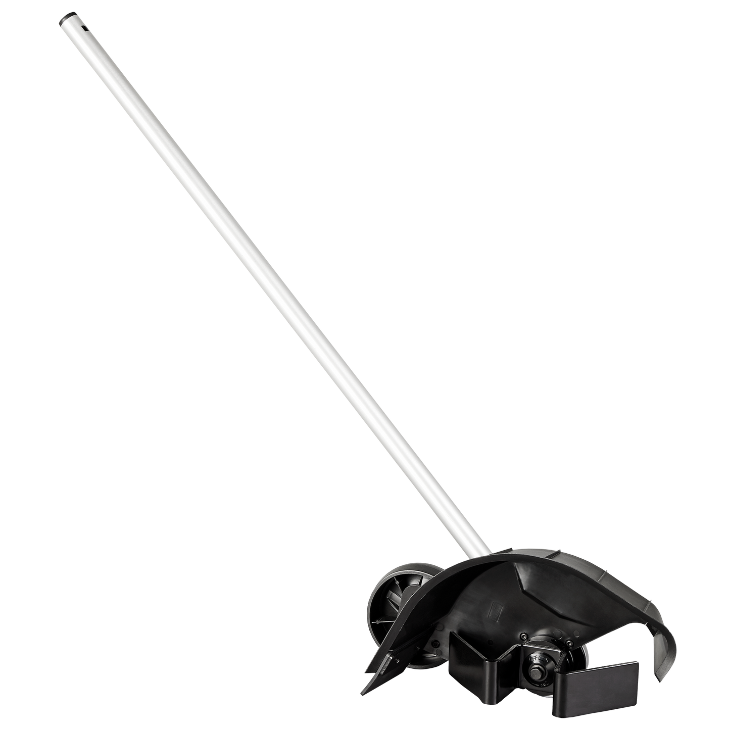 Long silver handle attached to black plastic and metal mechanism designed for outdoor bed redefiner tool attachments