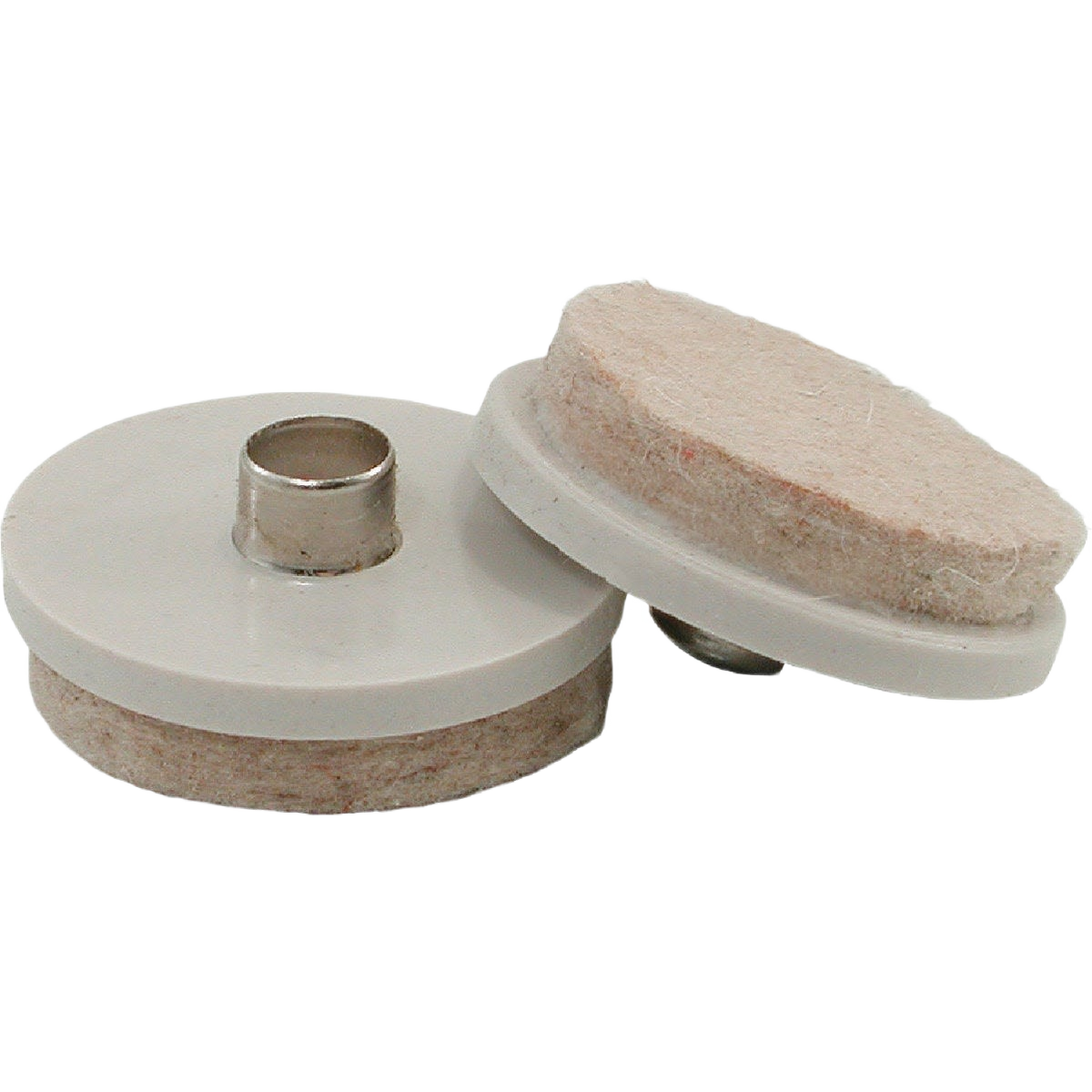 Round almond-colored nail-on furniture glide with felt pads for protecting floors in home improvement projects