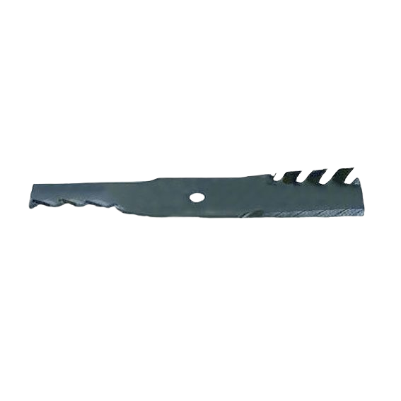 Black steel mower blade with jagged cutting edges and central mounting hole for lawn equipment parts and tools collections