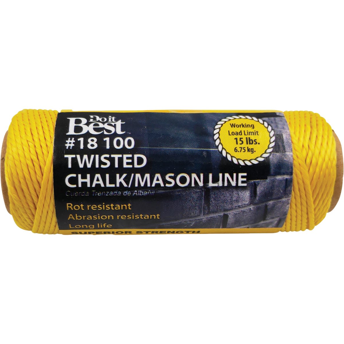 Fluorescent yellow twisted nylon mason line with label highlighting rot and abrasion resistance and load limit details