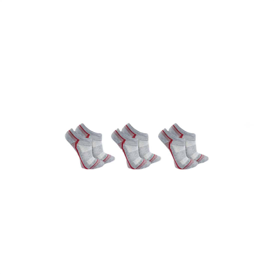 Three pairs of low-cut midweight socks in light gray with red accents, part of Women's Carhartt and Socks collections at Hartville Hardware.