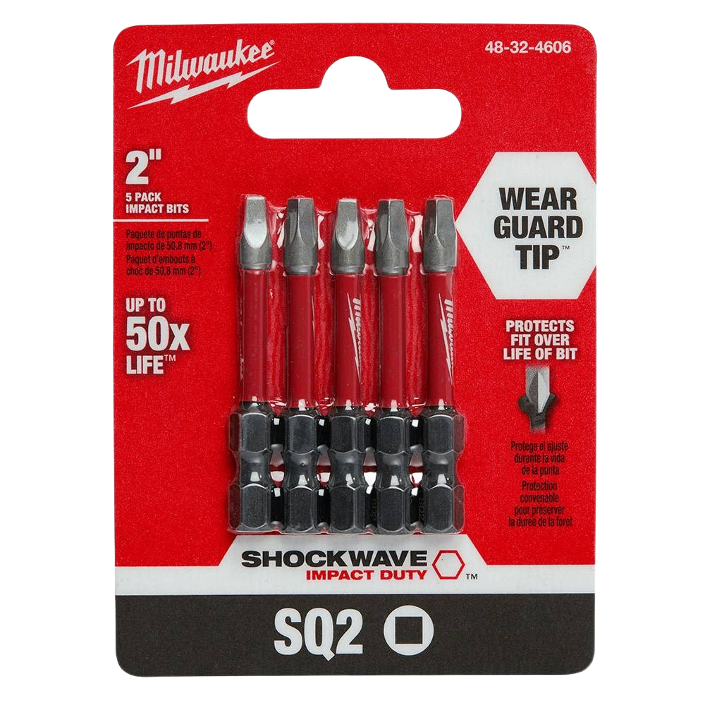 Five red Milwaukee SHOCKWAVE Impact Duty 2-inch square drill bits with Wear Guard Tip for tool accessories.