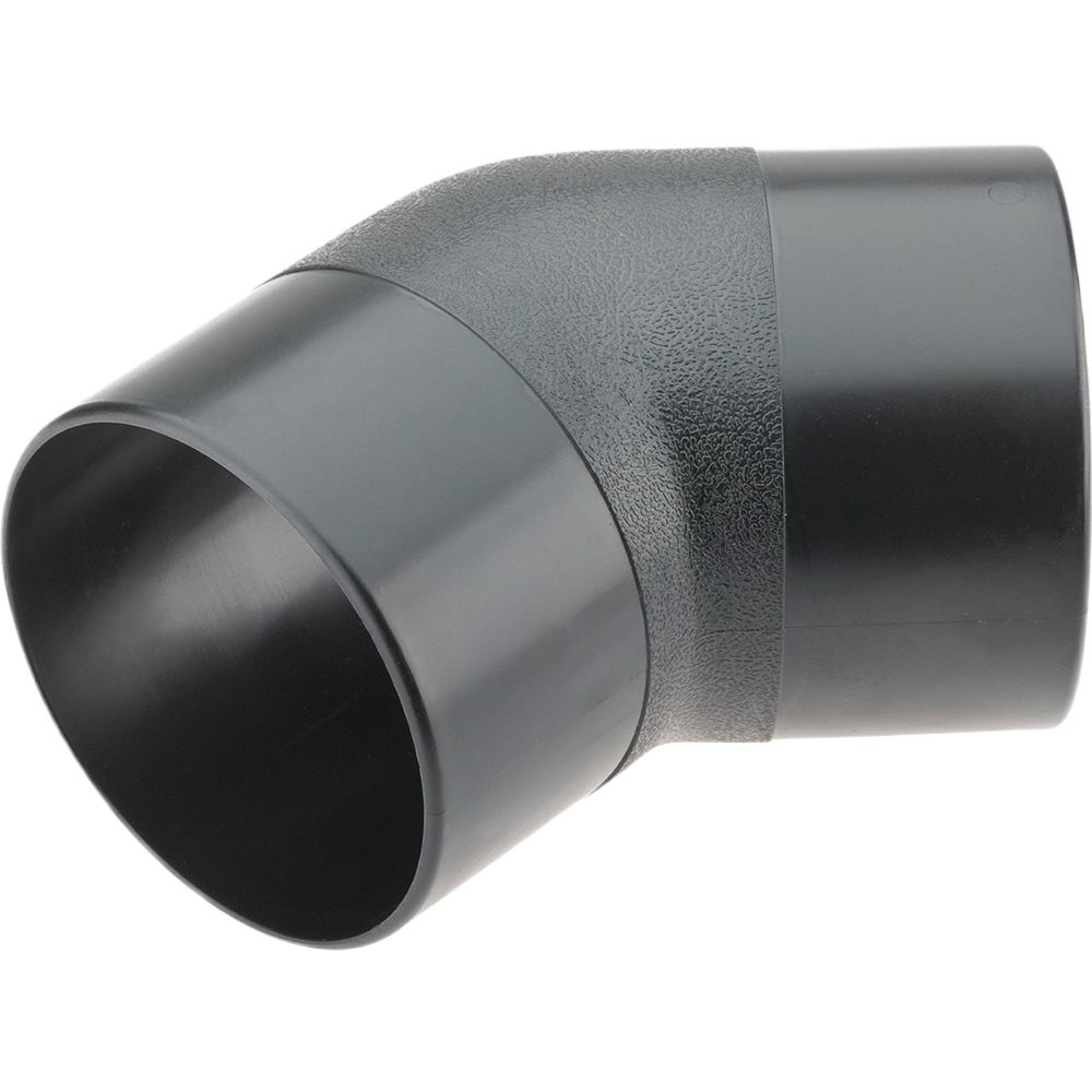 Black plastic 4-inch 45-degree elbow pipe fitting for plumbing and home improvement projects