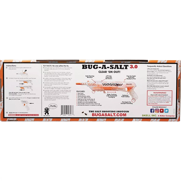 Packaging label for a clear plastic salt-shooting bug killer with orange accents for insect and pest control in lawn and garden use