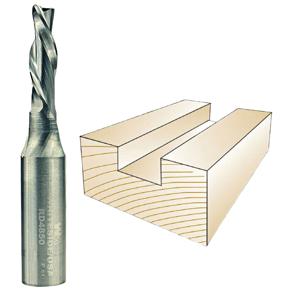 Whiteside spiral downcut router bit with illustration of smooth groove cut for woodworking in tool accessories collections