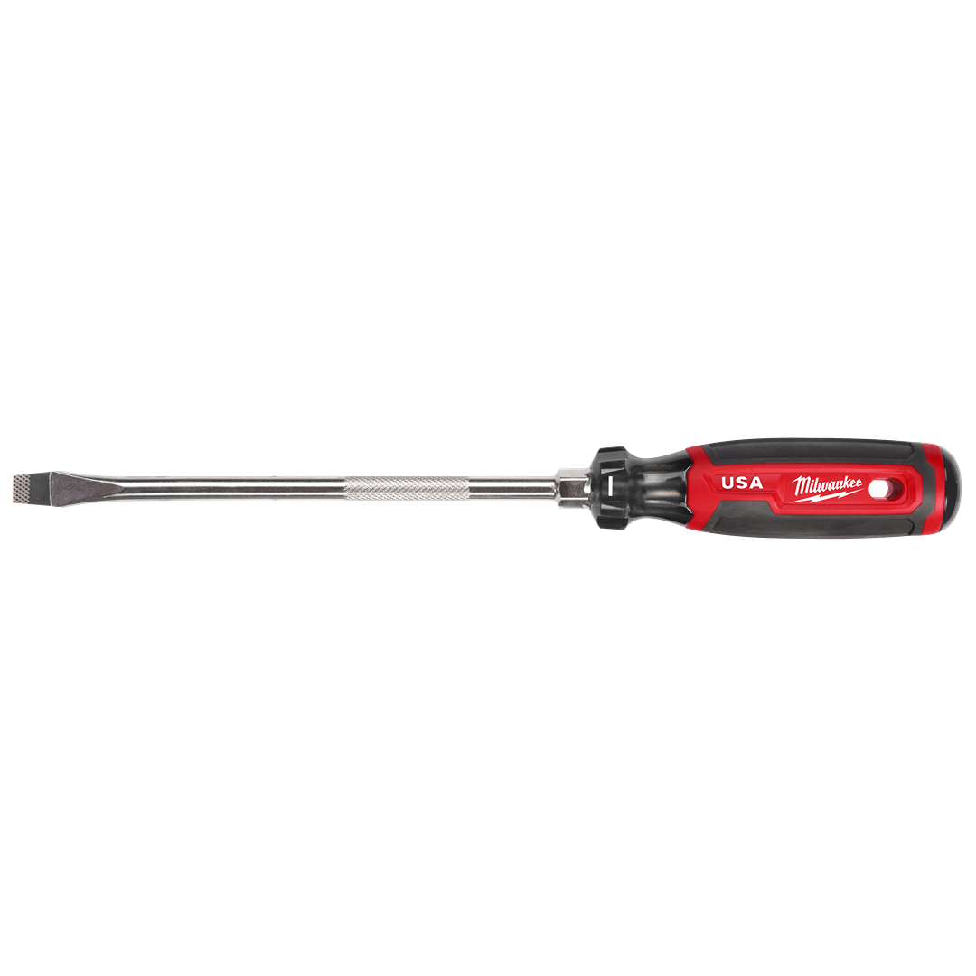 Red and black slotted screwdriver with cushioned grip handle designed for durable use in tools and home improvement tasks