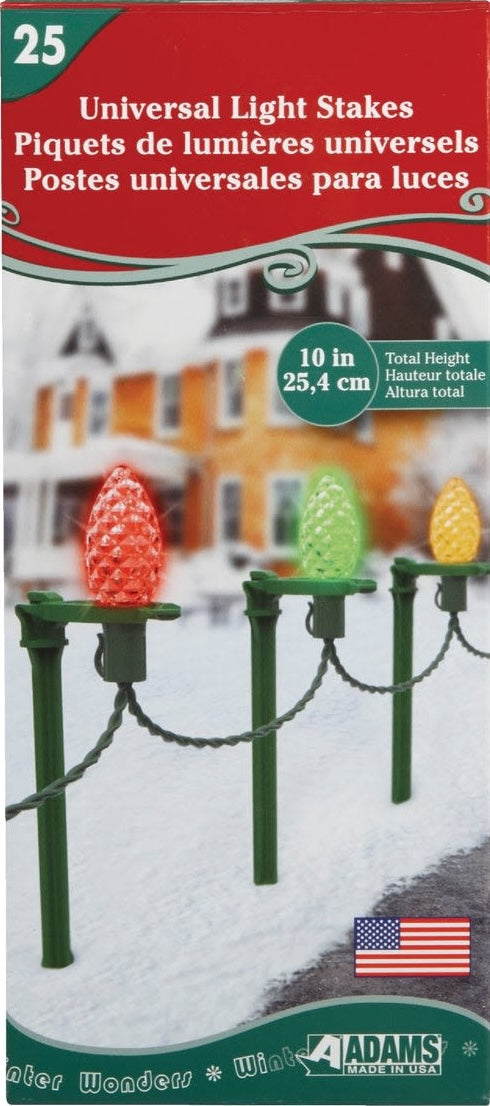 Pack of 25 green universal stakes for securing holiday lights along sidewalks and driveways in Christmas collection