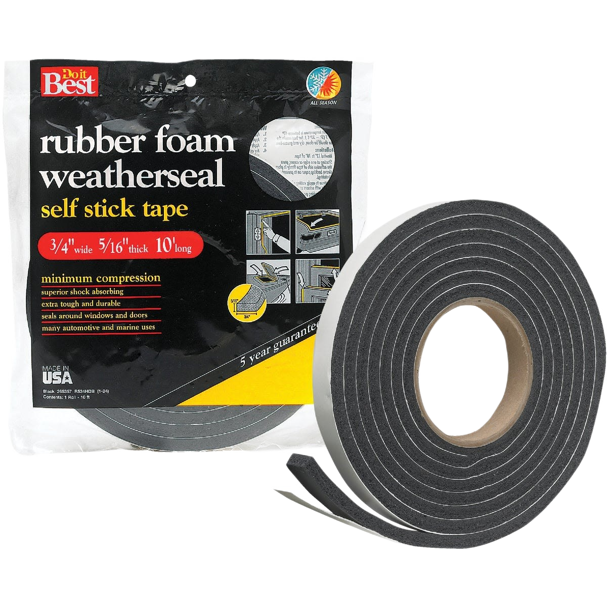 Black rubber foam weatherstrip tape roll with self-adhesive backing for doors and windows in hardware under $50 collection
