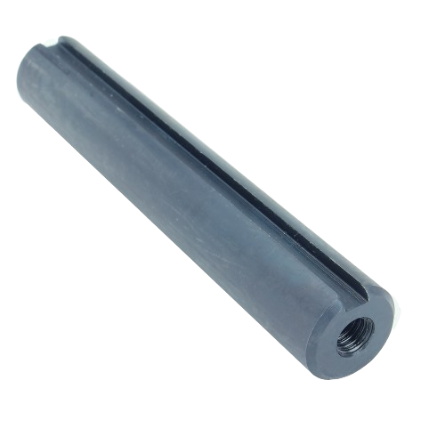 Black metal blower drive shaft with threaded interior and longitudinal grooves for agricultural equipment maintenance and repair tasks