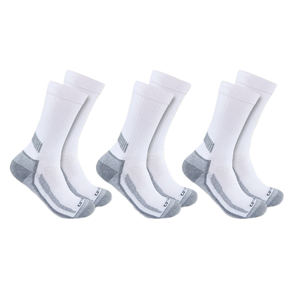 Three pairs of white and gray midweight crew socks with moisture-wicking fabric for men’s clothing and accessories collection