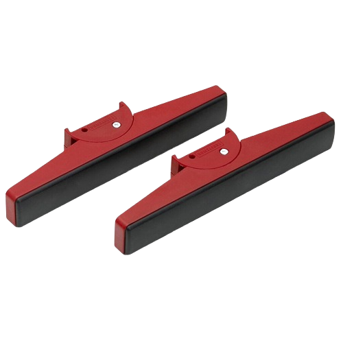 Pair of red and black pivoting jaw pads designed for secure grip in home improvement and tool applications