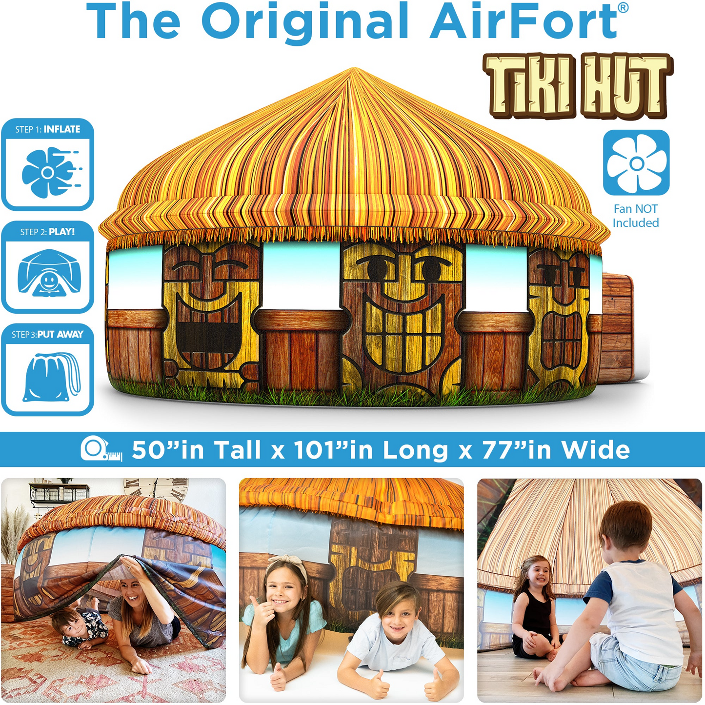 Inflatable playhouse with Tiki Hut design featuring smiling faces and children playing inside and around it