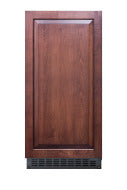 Built-in clear icemaker with wood panel front and black vent in kitchen and outdoor appliance collection