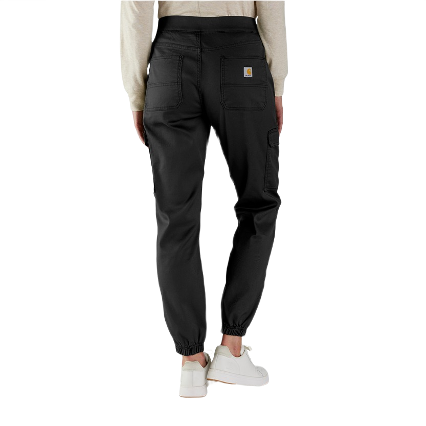 Women's black relaxed fit twill pants with elastic cuffs and back patch pockets, designed for casual comfort and durability.