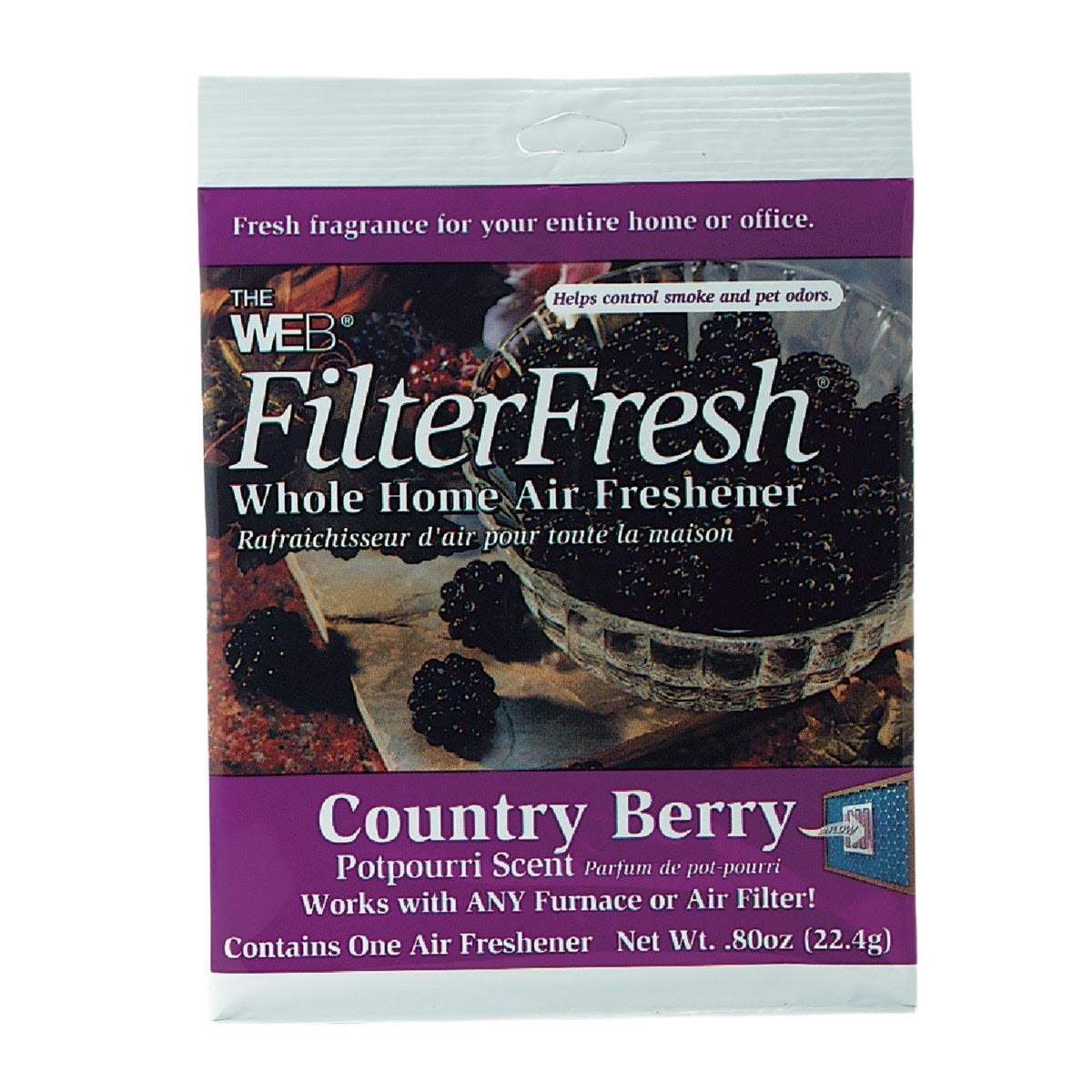 Package of Web FilterFresh whole home air freshener with country berry potpourri scent and usage details on front label